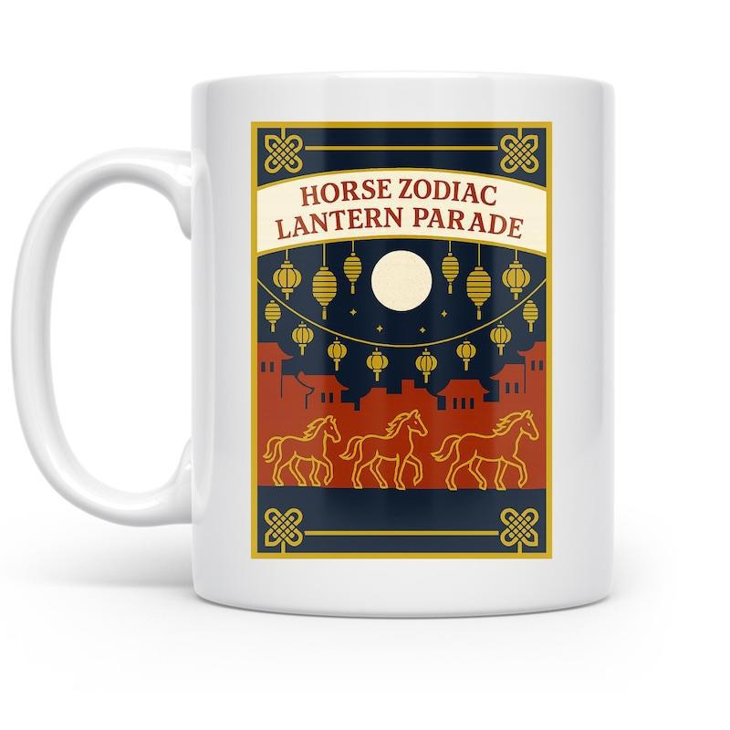 Tailorly White Ceramic 11 oz Mug - Horse Zodiac Lantern Parade Golden Lanterns Hanging Under Full Moon Above Majestic Running Horse