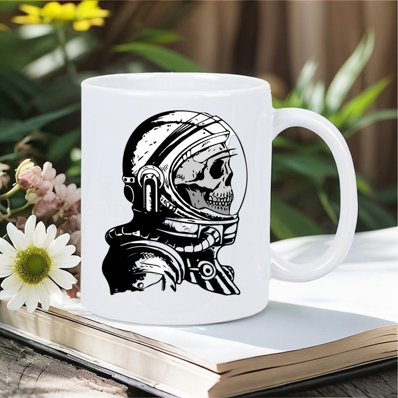 Tailorly White Ceramic 11 oz Mug - Detailed Monochrome Illustration Of A Human Skull Wearing A Space Suit Astronaut