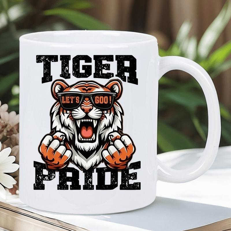 Tailorly White Ceramic 11 oz Mug - Tiger Pride Lets Goo Aggressive Roaring Mascot With Clenched Fists Wearing Cool Black Sunglasses Tiger
