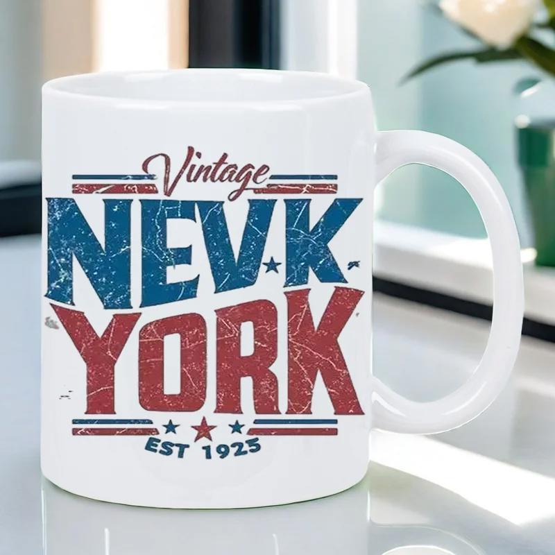 Tailorly White Ceramic 11 oz Mug - Vintage New York Est 1925 Distressed Blue And Red Lettering With Decorative American Style Stars Graphic