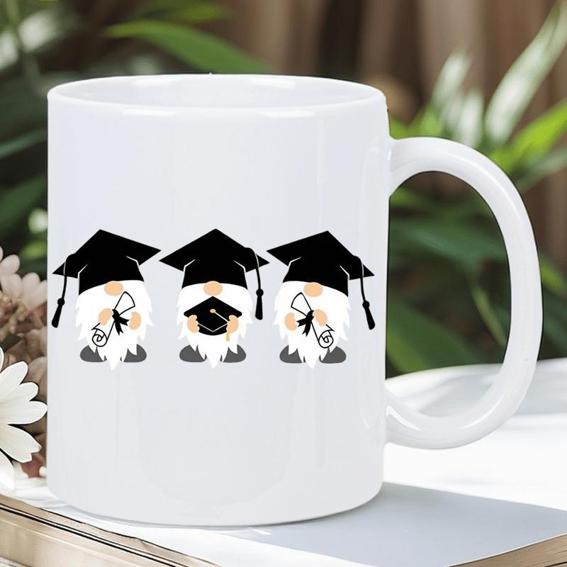 Tailorly White Ceramic 11 oz Mug - Three Adorable Graduation Gnomes Wearing Black Caps And Holding Scrolls Gnome