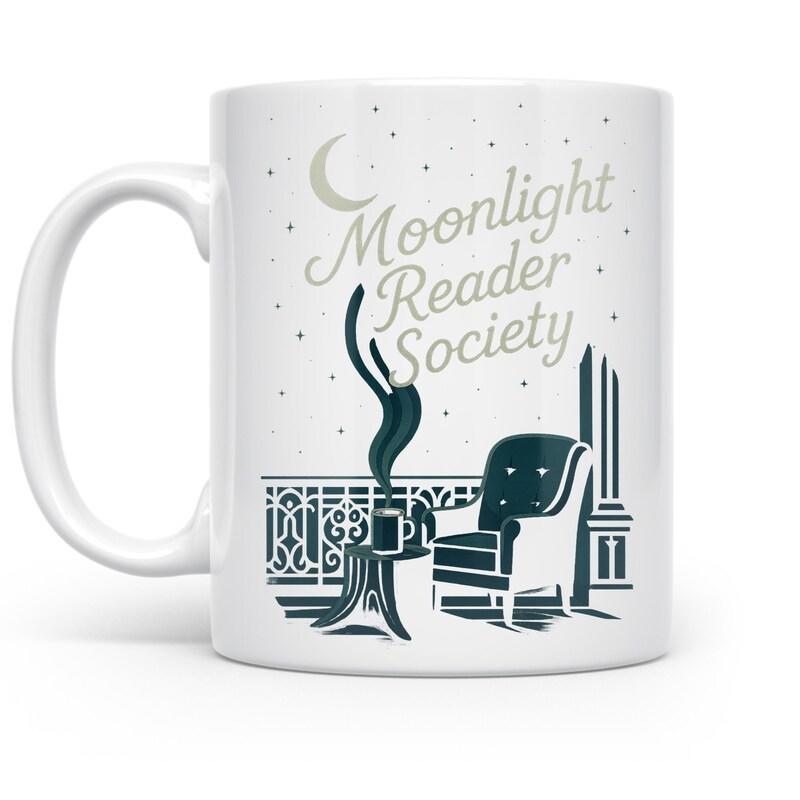Tailorly White Ceramic 11 oz Mug - Moonlight Reader Society Gentle Crescent Moon Over A Quiet Balcony With A Classic Armchair