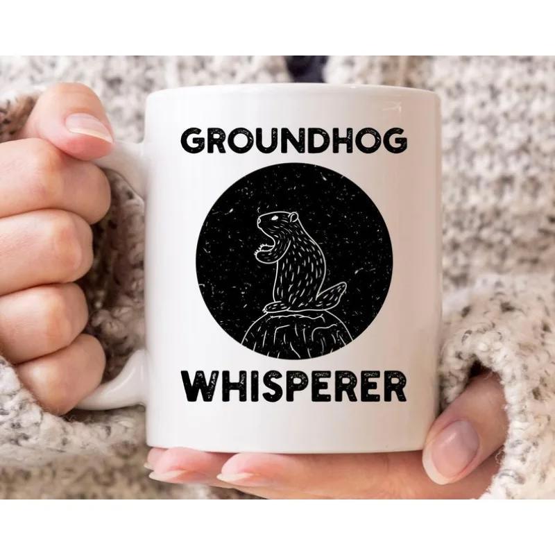 Tailorly White Ceramic 11 oz Mug - Groundhog Whisperer Circular Night Sky Motif With Starry Pattern And A Small Groundhog