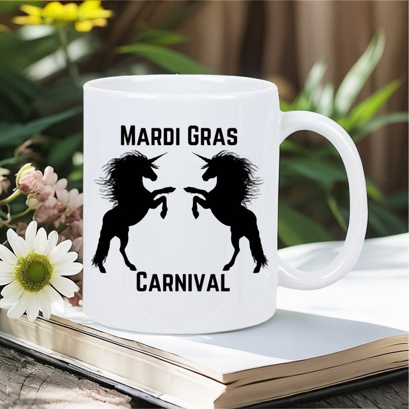 Tailorly White Ceramic 11 oz Mug - Mardi Gras Carnival Two Black Rearing Mythical Creatures Facing Each Other In Festive Style Unicorn