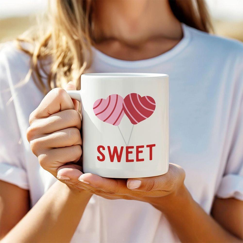 Tailorly White Ceramic 11 oz Mug - Sweet Two Striped Heart Shaped Balloons Floating Above Bold Red Letters Heart