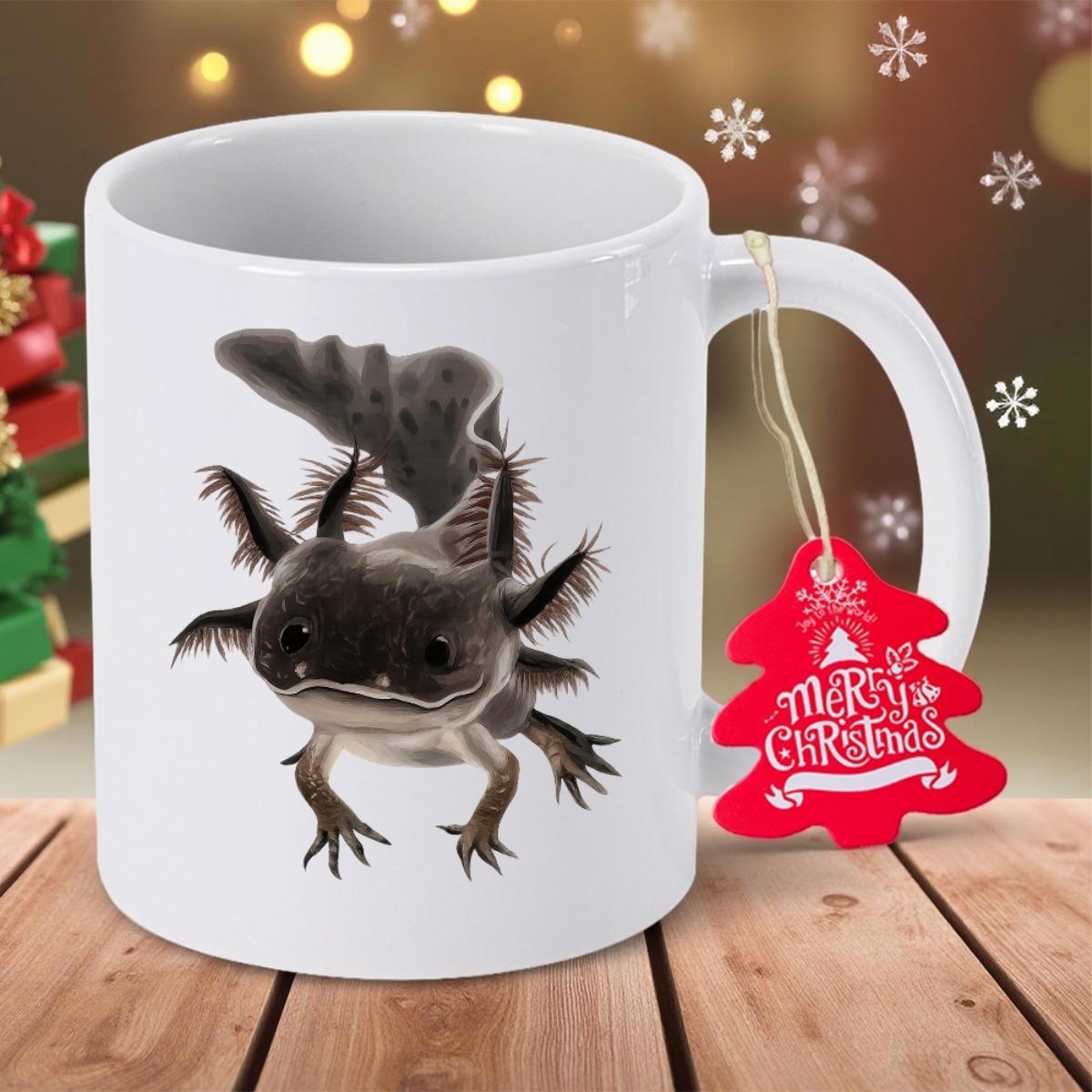 Tailorly White Ceramic 11 oz Mug - Merry Christmas Adorable Dark Spotted Aquatic Creature With Delicate Feathery Gills Axolotl