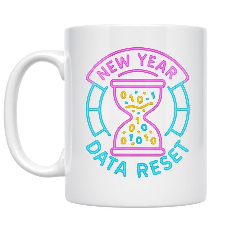Tailorly White Ceramic 11 oz Mug - New Year Data Reset Digital Binary Numbers Flowing Through A Vibrant Neon Colored Glowing Hourglass