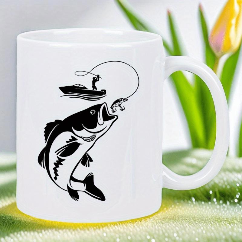 Tailorly White Ceramic 11 oz Mug - Silhouette Fisherman On Boat Hooking A Large Jumping Water Bass