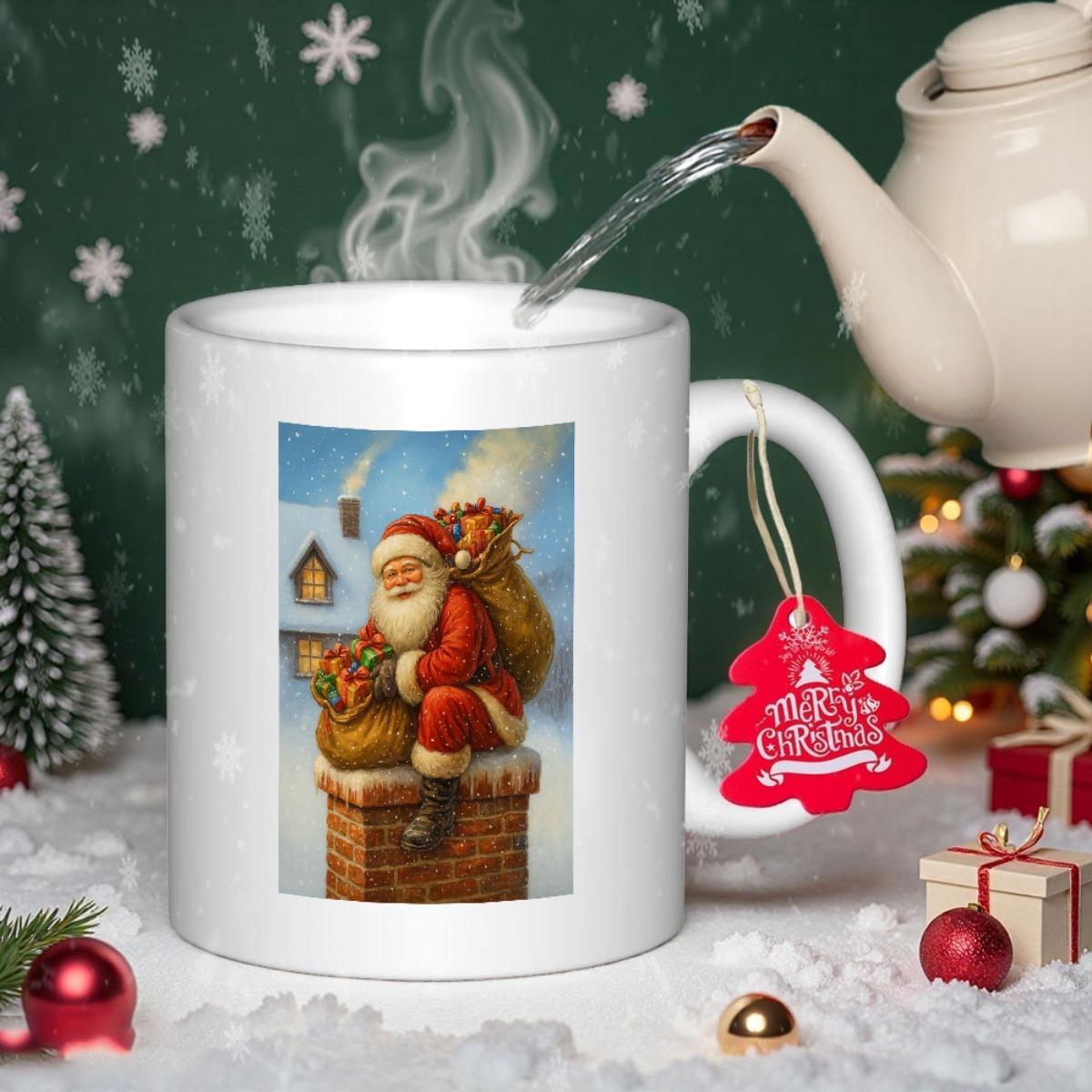 Tailorly White Ceramic 11 oz Mug - Merry Christmas Festive Jolly Figure Sitting Atop A Snowy Brick Chimney Santa Claus