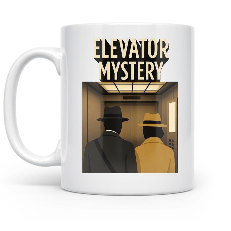 Tailorly White Ceramic 11 oz Mug - Elevator Mystery Two People Wearing Detective Hats Standing Inside A Vintage Metal Elevator