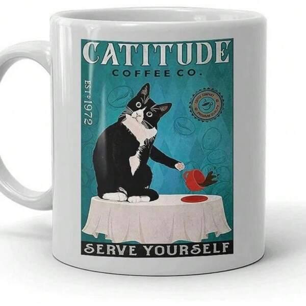 Tailorly White Ceramic 11 oz Mug - Catitude Coffee Co Serve Yourself Vintage Style Poster Depicting A Mischievous Black And White Tuxedo Cat