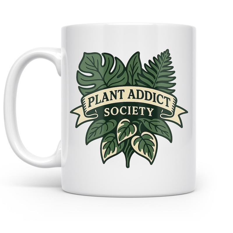 Tailorly White Ceramic 11 oz Mug - Plant Addict Society Lush Green Tropical Leaves Featuring Monstera And Fern Botanical Foliage