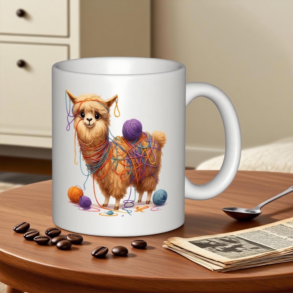 Tailorly White Ceramic 11 oz Mug - Adorable Brown Llama Wrapped In Soft Multicolored Knitting Yarn Balls Alpaca