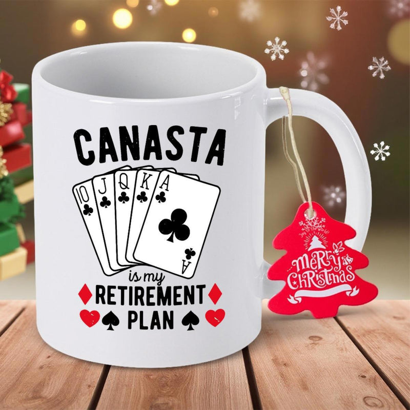 Tailorly White Ceramic 11 oz Mug - Canasta Is My Retirement Plan Detailed Fan Of Club Suit Playing Cards With Decorative Symbols Cards