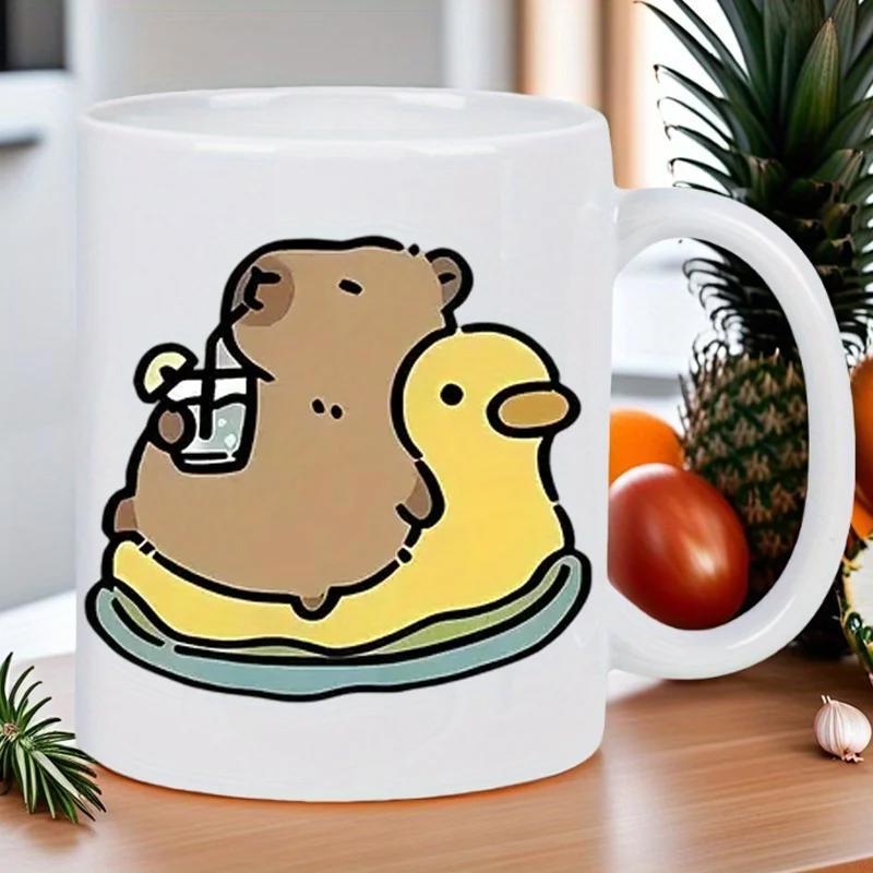 Tailorly White Ceramic 11 oz Mug - Cute Cartoon Animal Relaxing On Yellow Duck Floaty Drinking Refreshing Beverage Capybara