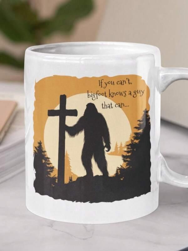 Tailorly White Ceramic 11 oz Mug - If You Cant Bigfoot Knows A Guy That Can Mysterious Sasquatch Silhouette Standing Beside Religious Cross In Pine Tree Forest