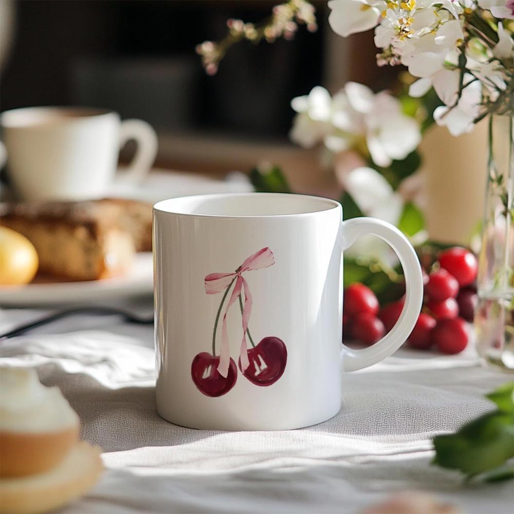 Tailorly White Ceramic 11 oz Mug - Delicate Sweet Red Cherries Tied Together With A Soft Pink Bow Cherry