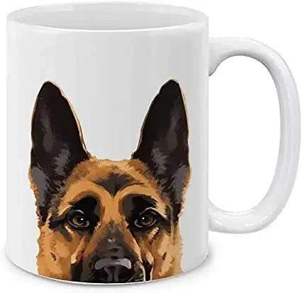 Tailorly White Ceramic 11 oz Mug - Alert Loyal Dog Peeking Over The Bottom Edge With Tall Ears German Shepherd