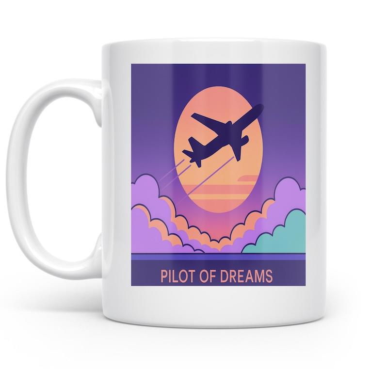 Tailorly White Ceramic 11 oz Mug - Pilot Of Dreams Silhouette Flying Through Sunset Sky Among Pastel Clouds Under Glowing Sun Airplane