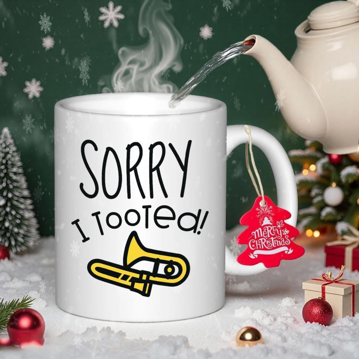 Tailorly White Ceramic 11 oz Mug - Sorry I Tooted Golden Yellow Brass Musical Instrument Illustrated With Bold Black Outlines Trombone