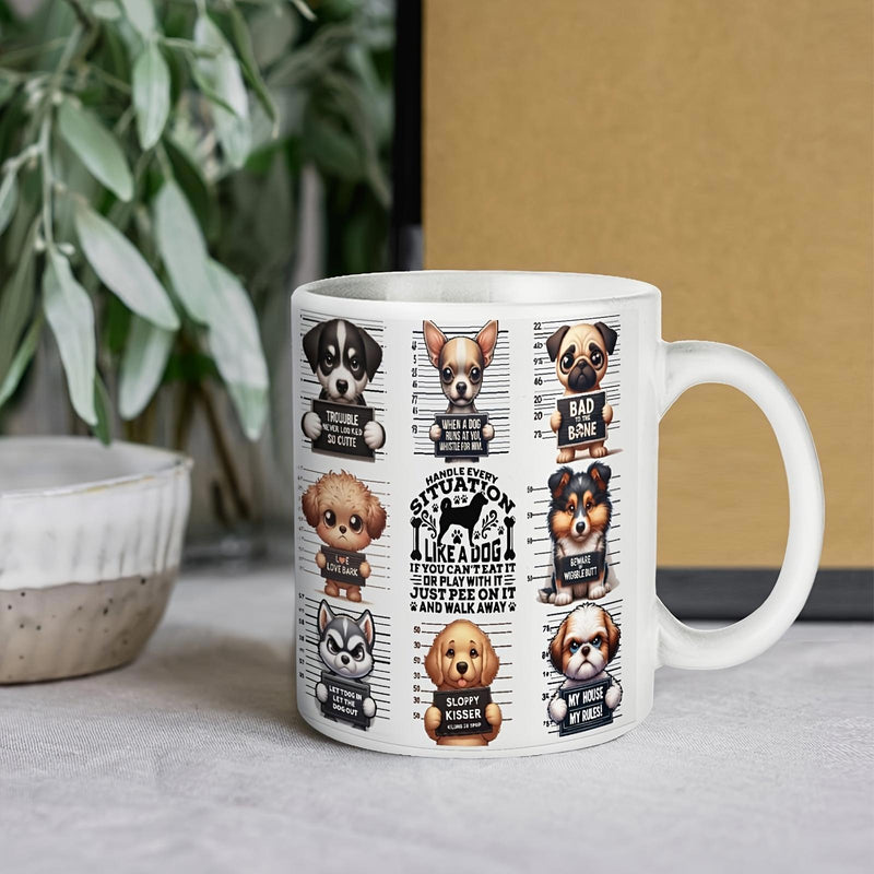 Tailorly White Ceramic 11 oz Mug - Attention Adorable Puppy Breeds Holding Humorous Mugshot Plates In Grid Layout Dog