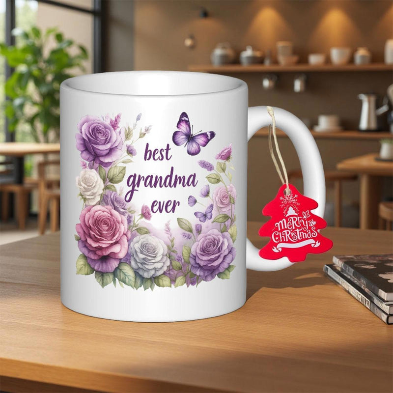 Tailorly White Ceramic 11 oz Mug - Best Grandma Ever Vibrant Purple Roses Nestled Within Delicate Green Leaves And Fluttering Butterflies Mug