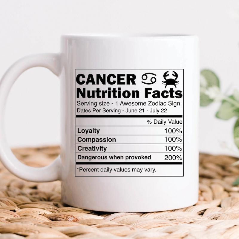Tailorly White Ceramic 11 oz Mug - Cancer Nutrition Facts Minimalist Black And White Astrological Chart With Crab Symbols Label
