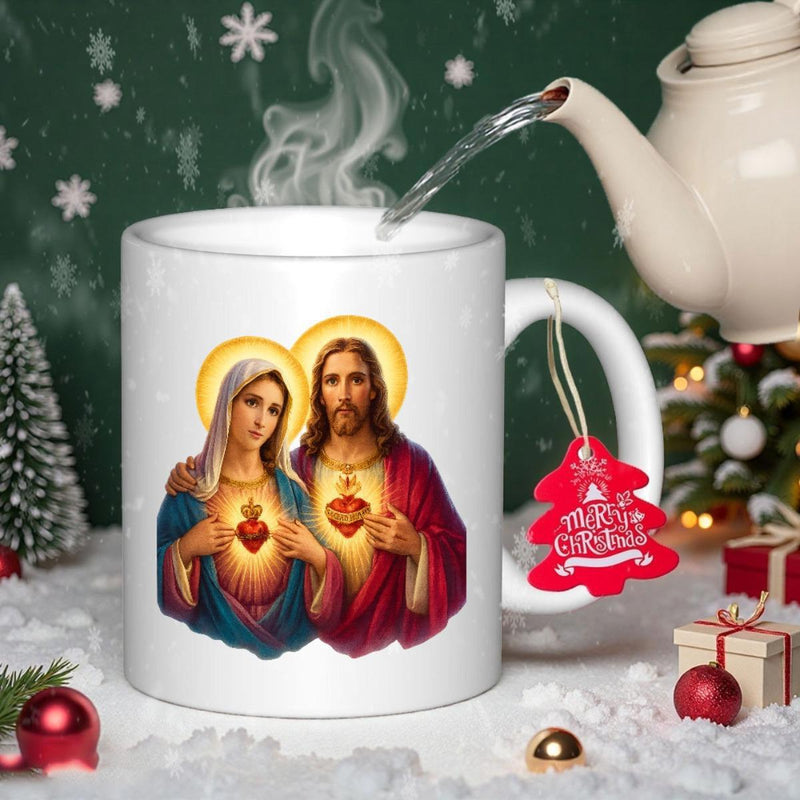 Tailorly White Ceramic 11 oz Mug - Merry Christmas Sacred Heart Jesus And Mary With Divine Halos And Radiant Light Portrait