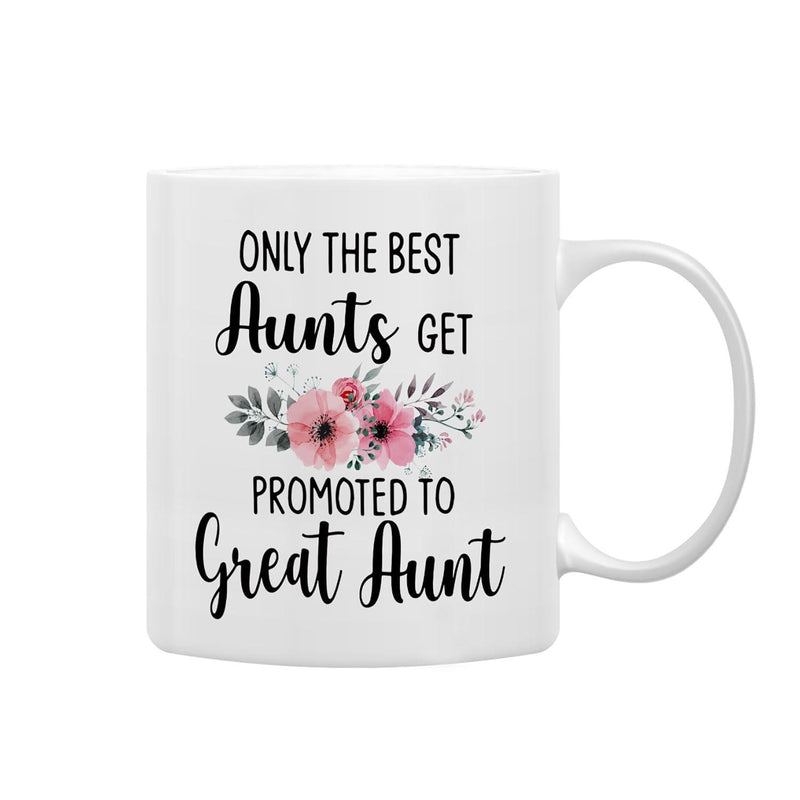 Tailorly White Ceramic 11 oz Mug - Only The Best Aunts Get Promoted To Great Aunt Soft Pink Watercolor Blossoms With Delicate Grey Green Leaves Nestled Between