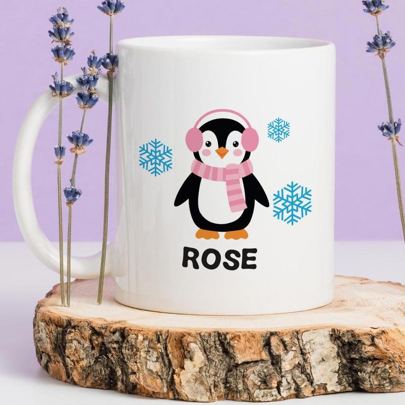 Tailorly White Ceramic 11 oz Mug - Rose Adorable Cartoon Penguin Wearing Winter Gear Surrounded By Blue Snowflakes Penguin