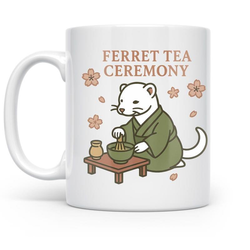 Tailorly White Ceramic 11 oz Mug - Ferret Tea Ceremony Serene White Animal In Traditional Kimono Whisking Matcha Among Floating Petals Ferret