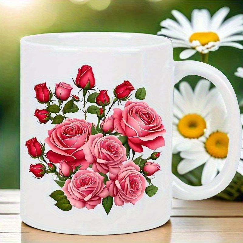 Tailorly White Ceramic 11 oz Mug - Elegant Bouquet Of Vibrant Pink And Red Roses With Lush Green Leaves Rose