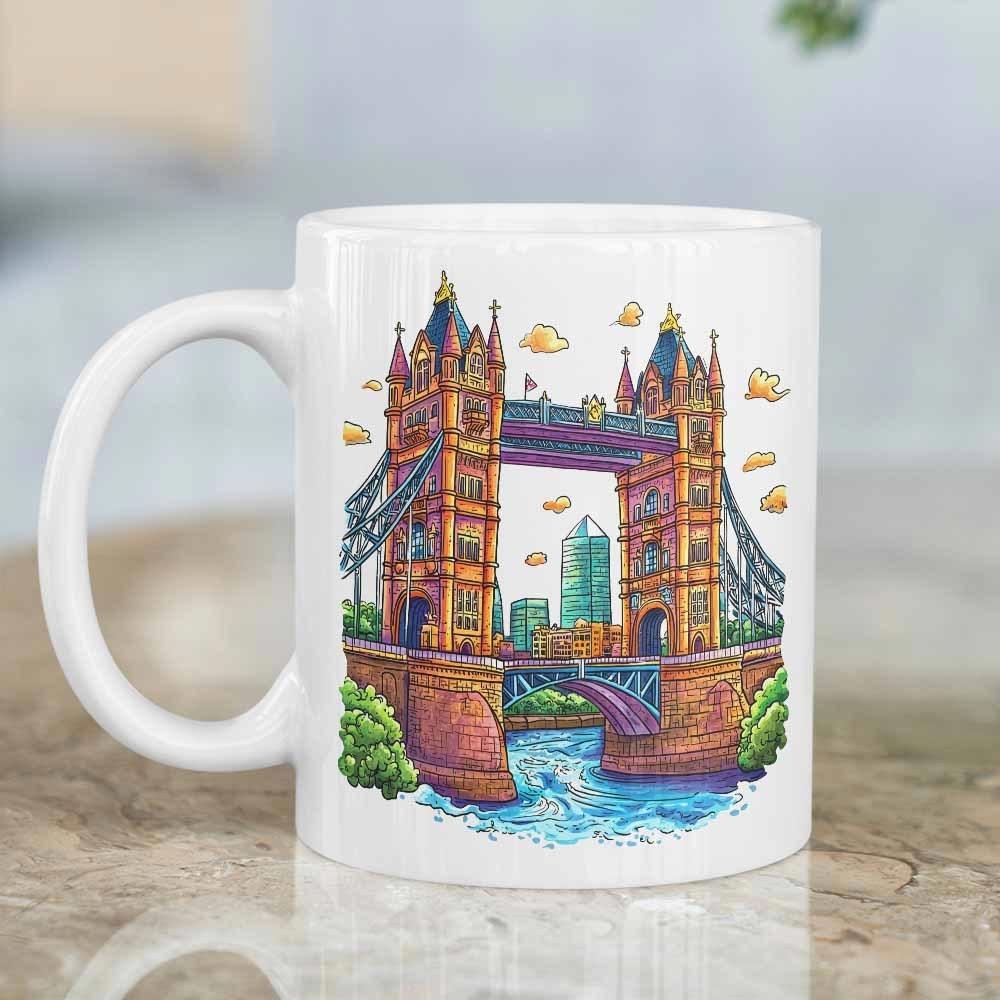 Tailorly White Ceramic 11 oz Mug - Vibrant Watercolor Painting Of Historic Architecture Standing Over Blue River Tower Bridge