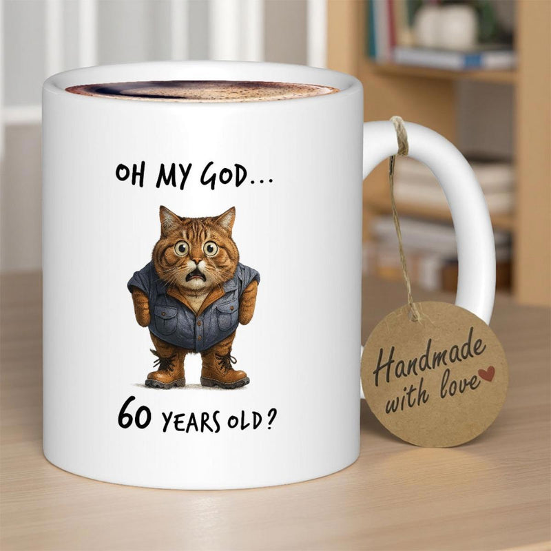 Tailorly White Ceramic 11 oz Mug - Oh My God 60 Years Old Humorous Surprised Ginger Feline Wearing A Tiny Blue Vest And Boots Cat