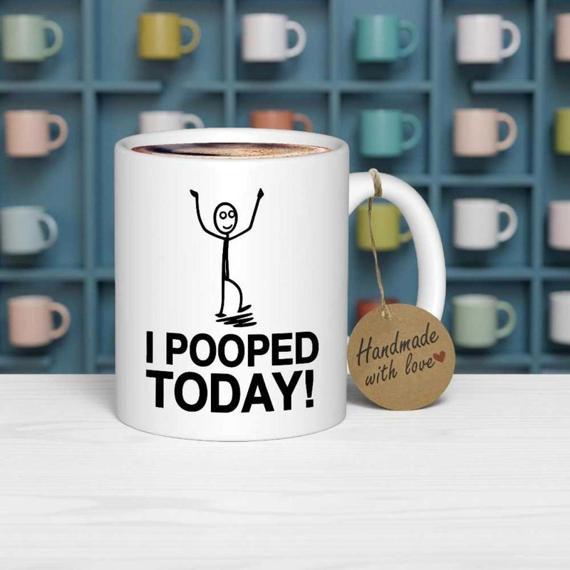 Tailorly White Ceramic 11 oz Mug - I Pooped Today Simple Hand Drawn Character Celebrating Success With Raised Arms Stick Figure