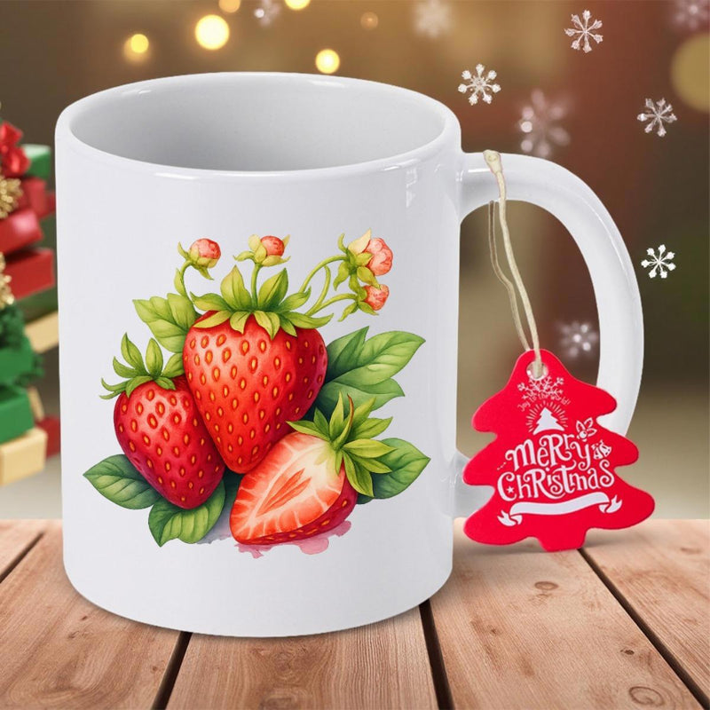 Tailorly White Ceramic 11 oz Mug - Merry Christmas Vibrant Red Ripe Garden Fruit With Green Leaves And Small Blossoms Strawberry