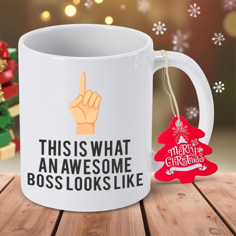 Tailorly White Ceramic 11 oz Mug - This Is What An Awesome Boss Looks Like Minimalist Modern Design With Hand Pointing Upward On