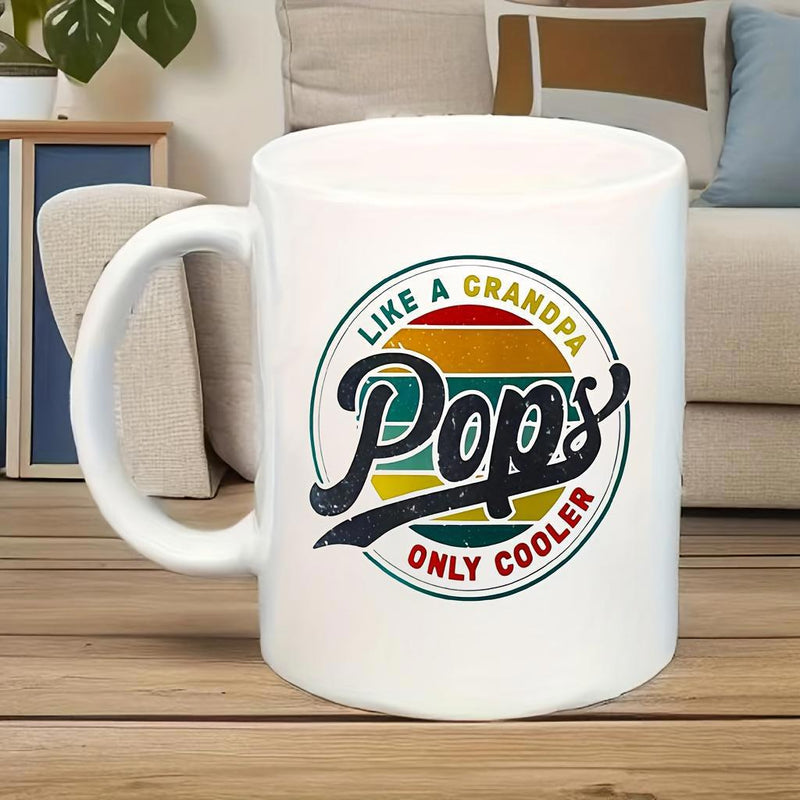 Tailorly White Ceramic 11 oz Mug - Like A Grandpa Pops Only Cooler Distressed Retro Rainbow Colored Circular Stripes Badge Sunset