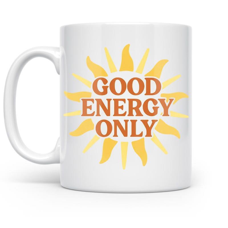 Tailorly White Ceramic 11 oz Mug - Good Energy Only Radiant Yellow Rays Spreading Warmth From A Minimalist Celestial Burning Golden Sun