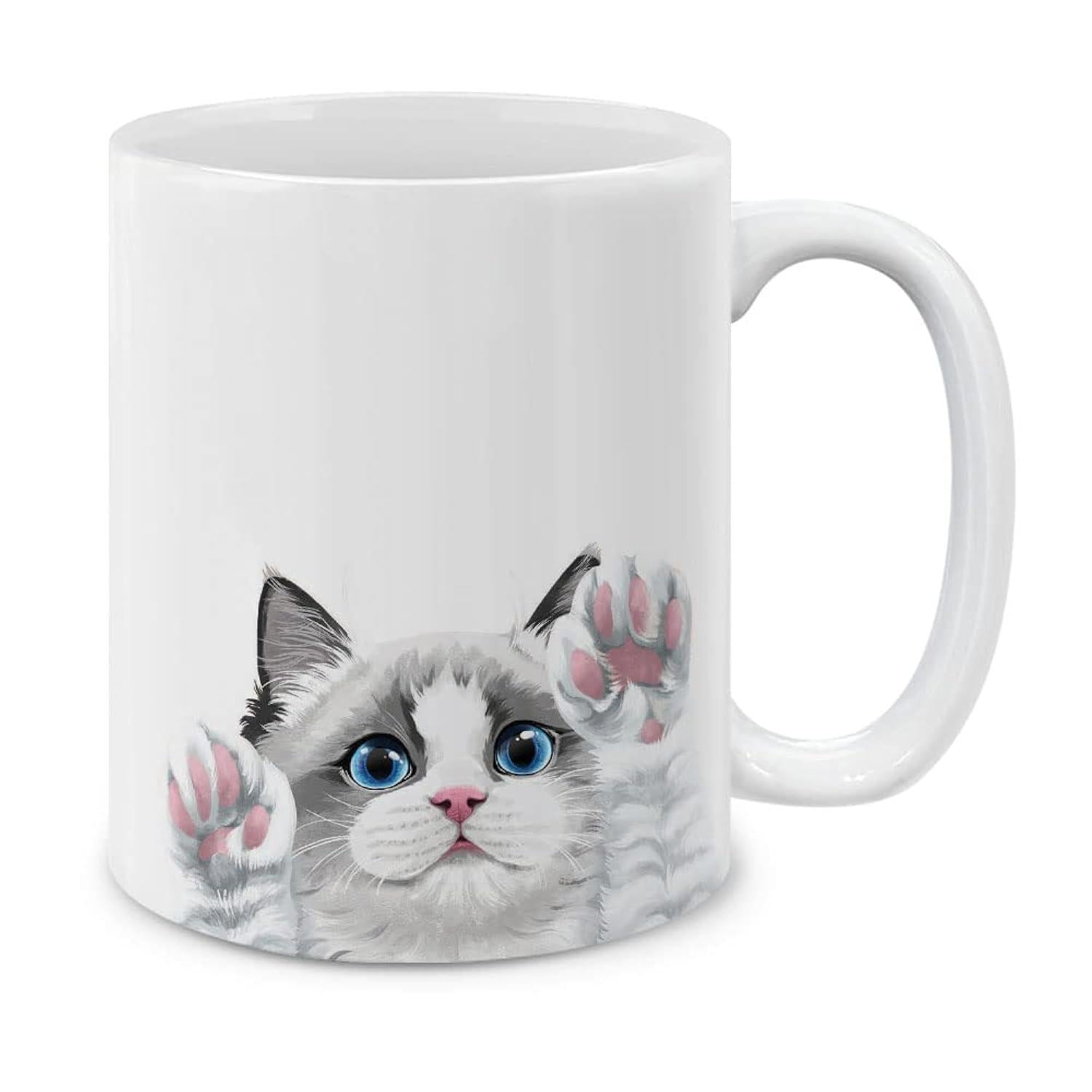 Tailorly White Ceramic 11 oz Mug - Adorable Fluffy Ragdoll With Blue Eyes Peeking Over Edge Kitten Cat