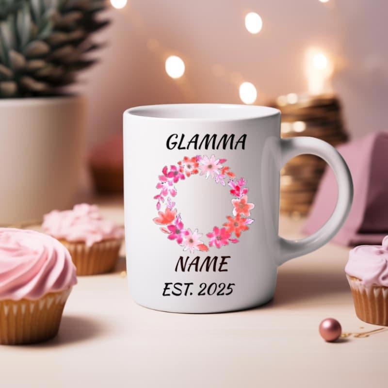 Tailorly White Ceramic 11 oz Mug - Glamma Name Est 2025 Elegant Circular Watercolor Wreath With Pink And Orange Blossoms Mug