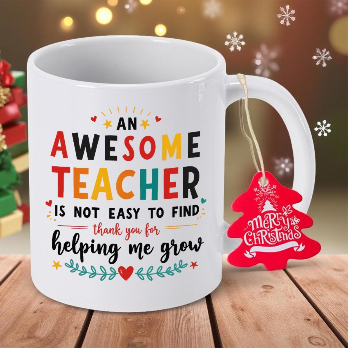 Tailorly White Ceramic 11 oz Mug - An Awesome Teacher Is Not Easy To Find Thank You For Helping Me Grow Vibrant Decorative Text With Hearts Stars And Lower Floral