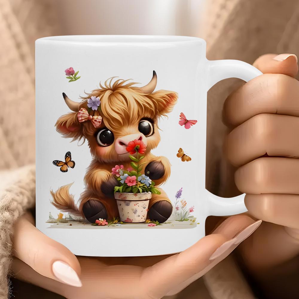 Tailorly White Ceramic 11 oz Mug - Adorable Furry Baby Highland Sitting With Flowers And Colorful Butterflies Cow