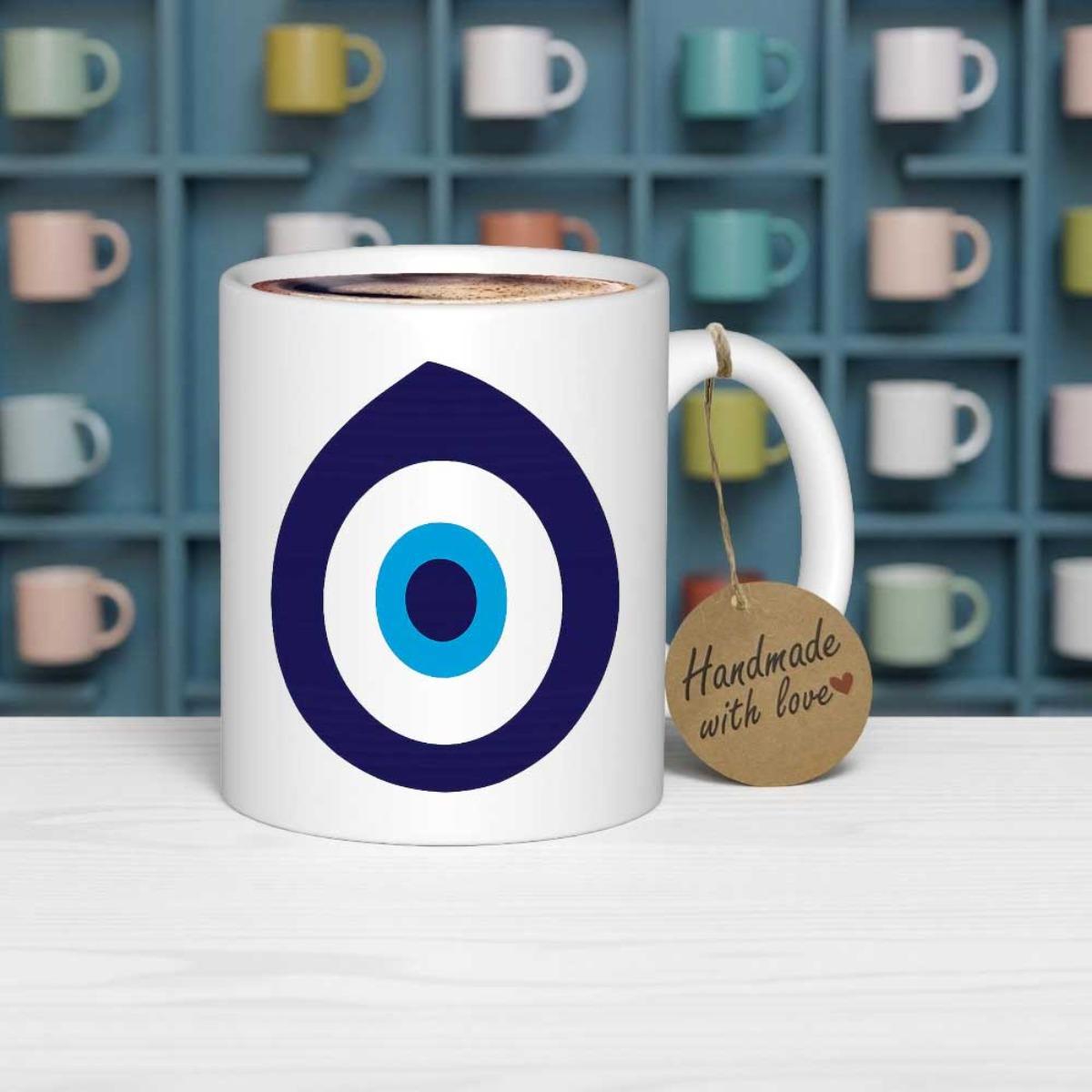 Tailorly White Ceramic 11 oz Mug - Handmade With Love Protective Traditional Blue Nazar Symbol Featuring Concentric Circles Eye