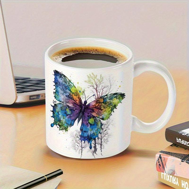 Tailorly White Ceramic 11 oz Mug - Vibrant Watercolor Wings Splashed With Bright Colors Resting On Subtle Branches Butterfly
