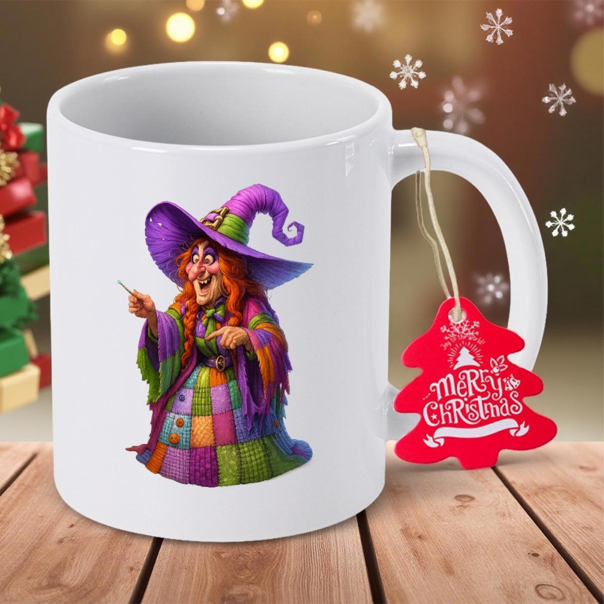 Tailorly White Ceramic 11 oz Mug - Merry Christmas Colorful Whimsical Cartoon Character Wearing Purple Hat And Vibrant Patchwork Dress Witch