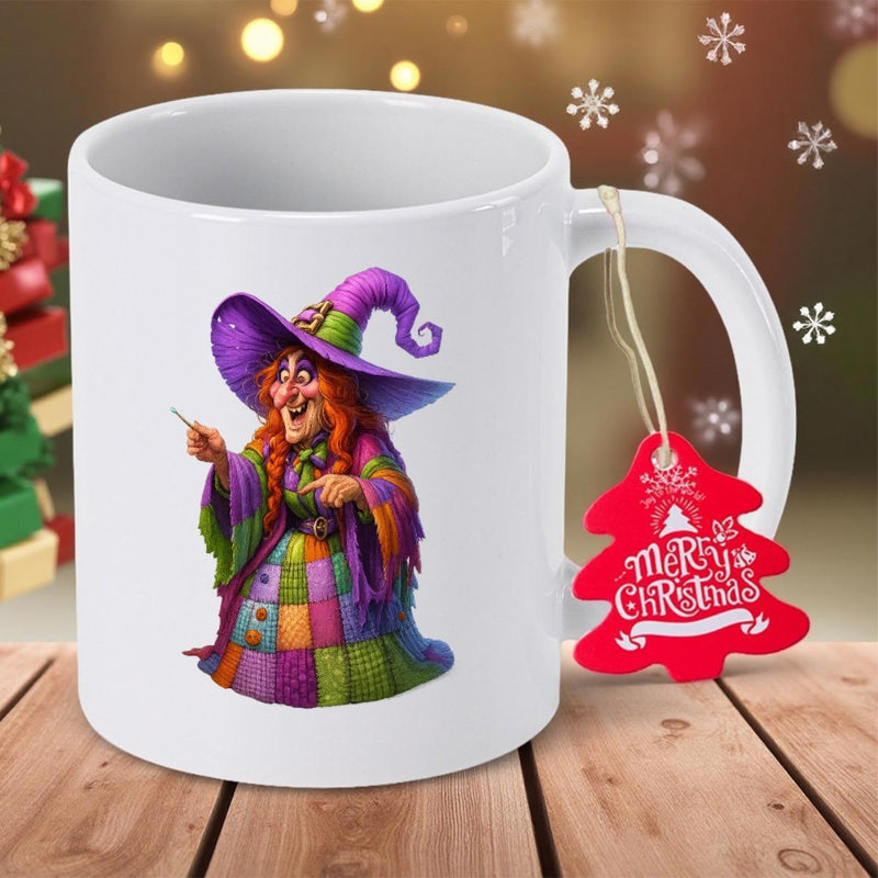 Tailorly White Ceramic 11 oz Mug - Merry Christmas Colorful Whimsical Cartoon Character Wearing Purple Hat And Vibrant Patchwork Dress Witch