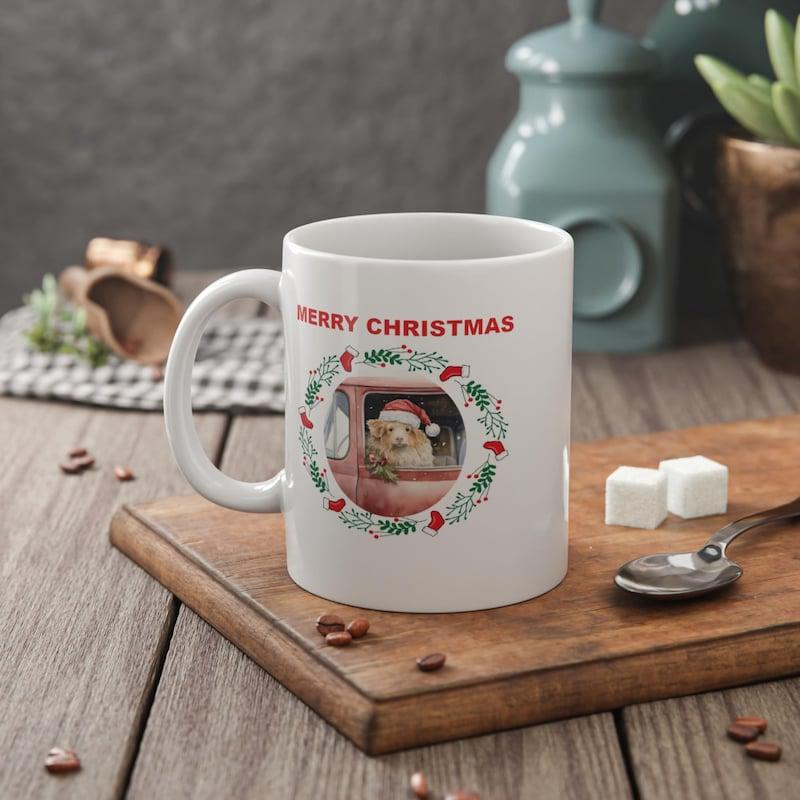 Tailorly White Ceramic 11 oz Mug - Merry Christmas Festive Green Wreath Surrounding Adorable Pig Inside Pink Truck