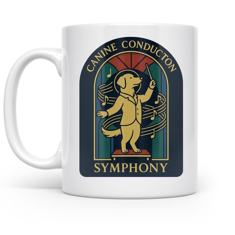 Tailorly White Ceramic 11 oz Mug - Canine Conduction Symphony Elegant Golden Retriever Conducting Orchestral Music Within Archway Frame Dog