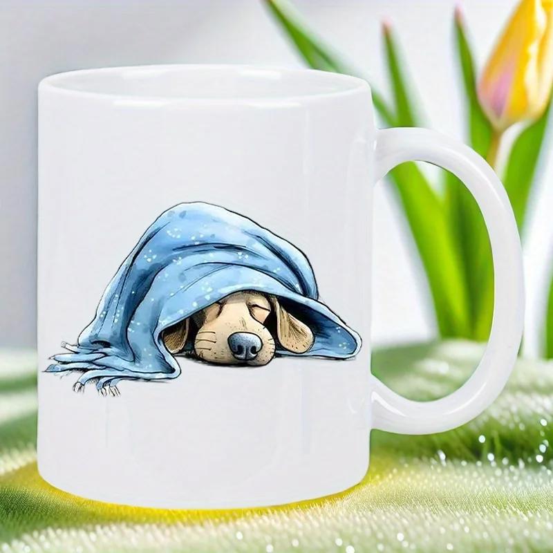 Tailorly White Ceramic 11 oz Mug - Peaceful Puppy Resting Under A Soft Blue Blanket Comfortably Dreaming Dog